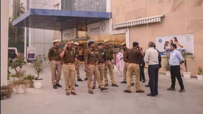 Police at the Yatharth Hospital on Thursday. (PTI) Police at the Yatharth Hospital on Thursday. (PTI)