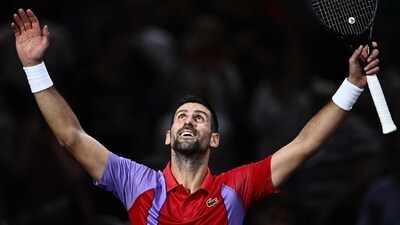 Serbia's Novak Djokovic celebrates after winning his men's singles match against Argentina's Tomas Martin Etcheverry on day three of the Paris ATP Masters 1000. (AFP) Serbia's Novak Djokovic celebrates after winning his men's singles match against Argentina's Tomas Martin Etcheverry on day three of the Paris ATP Masters 1000. (AFP)