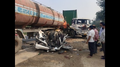 The mangled remains of the car that collided with the trucks. (HT Photo)