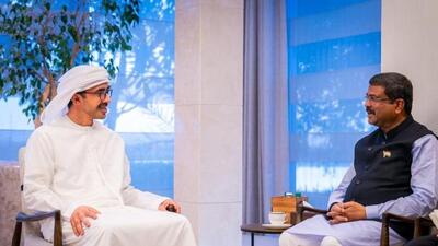 Union education minister Dharmendra Pradhan with UAE’s foreign minister Sheikh Abdullah Bin Zayed. (Ministry of Education) Union education minister Dharmendra Pradhan with UAE’s foreign minister Sheikh Abdullah Bin Zayed. (Ministry of Education)