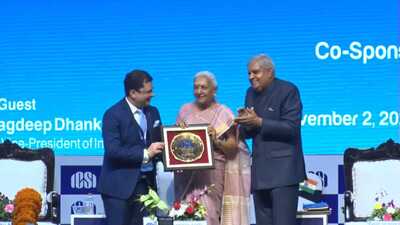 Vice President Jagdeep Dhankhar along with Governor Anandiben Patel at the 51st National Company Secretaries Conference ICSI held at Varanasi. (HT photo) Vice President Jagdeep Dhankhar along with Governor Anandiben Patel at the 51st National Company Secretaries Conference ICSI held at Varanasi. (HT photo)