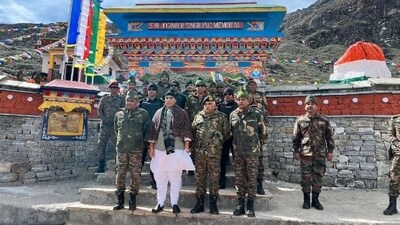 Defence Minister Rajnath Singh with Army Chief Gen Manoj Pande and Eastern Army brass at Bum La in Arunachal Pradesh on Dussehra day.
