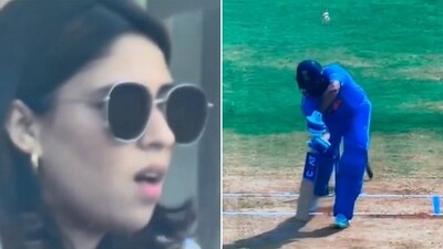 Rohit Sharma's wife was in disbelief after the Indian captain was clean bowled by Dilshan Madushanka (Screengrab) Rohit Sharma's wife was in disbelief after the Indian captain was clean bowled by Dilshan Madushanka (Screengrab)