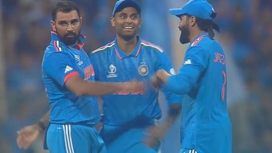 ICC Men’s World Cup 2023: India celebrates after beating Sri Lanka at Wankhede Stadium in Mumbai. (X (Screengrab))