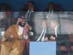 From Left: Saudi Arabia Crown Prince Mohammed bin Salman, FIFA President Gianni Infantino and Russian President Vladimir Putin watch the match between Russia and Saudi Arabia.
