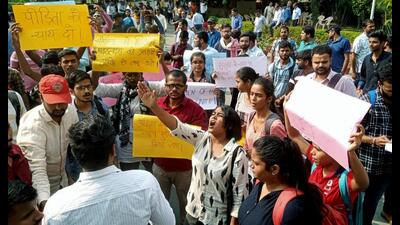 •All India Students’ Association (AISA) supporters stage a protest against the alleged harassment of a female student of Indian Institute of Technology-Banaras Hindu University (IIT-BHU), in Varanasi on Friday. (ANI Photo) •All India Students’ Association (AISA) supporters stage a protest against the alleged harassment of a female student of Indian Institute of Technology-Banaras Hindu University (IIT-BHU), in Varanasi on Friday. (ANI Photo)