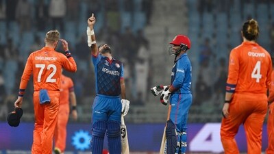Lucknow, India, Nov 03, 2023:: Hashmat Shahidi captain of Afghanistan celebrates after win over Netherlands, during the ICC Men's Cricket World Cup match between Afghanistan and Netherlands at Atal Vihari Vajpayee Ekana International cricket stadium in Lucknow, Uttar Pradesh India on Friday, Nov 03, 2023. (Photo by Deepak Gupta/Hindustan Times) Lucknow, India, Nov 03, 2023:: Hashmat Shahidi captain of Afghanistan celebrates after win over Netherlands, during the ICC Men's Cricket World Cup match between Afghanistan and Netherlands at Atal Vihari Vajpayee Ekana International cricket stadium in Lucknow, Uttar Pradesh India on Friday, Nov 03, 2023. (Photo by Deepak Gupta/Hindustan Times)