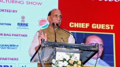 Union Defence Minister Rajnath Singh addresses at the ‘India Manufacturing Show-2023’, in Bengaluru on Thursday. (ANI Photo) (Rajnath Singh twitter) Union Defence Minister Rajnath Singh addresses at the ‘India Manufacturing Show-2023’, in Bengaluru on Thursday. (ANI Photo) (Rajnath Singh twitter)