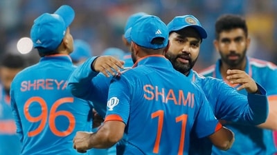 India's skipper Rohit Sharma and Mohammed Shami celebrate after winning the match against Sri Lanka in the ICC Men's Cricket World Cup 2023 (ANI ) India's skipper Rohit Sharma and Mohammed Shami celebrate after winning the match against Sri Lanka in the ICC Men's Cricket World Cup 2023 (ANI )