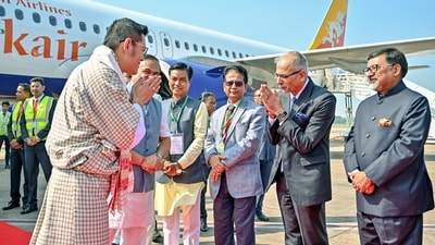 Bhutan King Jigme Khesar Namgyel Wangchuck receives a warm welcome from Assam Chief Minister Himanta Biswa Sarma and other officials at the Guwahati airport during his first official visit to Assam on Friday. (ANI) Bhutan King Jigme Khesar Namgyel Wangchuck receives a warm welcome from Assam Chief Minister Himanta Biswa Sarma and other officials at the Guwahati airport during his first official visit to Assam on Friday. (ANI)
