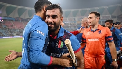 Afghanistan's skipper Hashmatullah Shahidi being congratulated by team members and staff after winning the match against Netherlands in the ICC Men's Cricket World Cup 2023, at Bharat Ratna Shri Atal Bihari Vajpayee Ekana Cricket Stadium (Afghanistan Cricket Board Twitte)