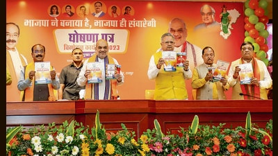 Amit Shah releases the BJP manifesto in Raipur on Friday. (PTI) Amit Shah releases the BJP manifesto in Raipur on Friday. (PTI)