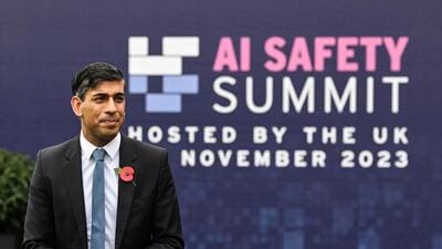 Britain's Prime Minister Rishi Sunak speaks to journalists upon his arrival for the second day of the UK Artificial Intelligence (AI) Safety Summit at Bletchley Park, in central England. (AFP) Britain's Prime Minister Rishi Sunak speaks to journalists upon his arrival for the second day of the UK Artificial Intelligence (AI) Safety Summit at Bletchley Park, in central England. (AFP)