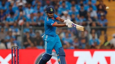 CRUNCHED! Shreyas Iyer launches one into the stands. (Reuters)