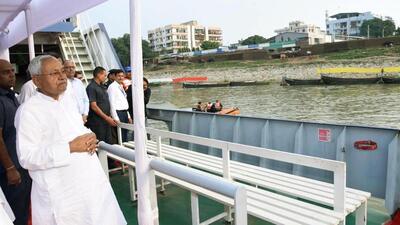 Chief minister Nitish Kumar inspects preparations for Chhath festival, in Patna on Friday. (Santosh Kumar/HT)