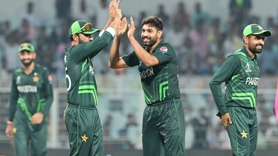 Harris Rauf with Babar Azam of Pakistan Cricket Team celebrates his 2nd wicket against Bangladesh during ICC Men's Cricket World Cup 2023 match at Eden Garden (Hindustan Times) Harris Rauf with Babar Azam of Pakistan Cricket Team celebrates his 2nd wicket against Bangladesh during ICC Men's Cricket World Cup 2023 match at Eden Garden (Hindustan Times)