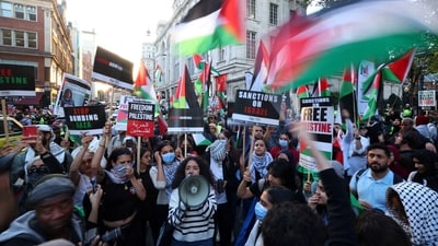 Pro-Palestinian demonstrators protest during the ongoing conflict between Israel and the Palestinian Islamist group Hamas, near the Israeli embassy in London. (Reuters/File)