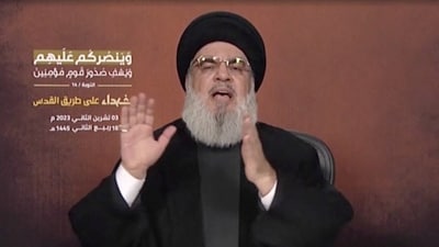 Hezbollah leader Sayyed Hassan Nasrallah delivers his first address since the October conflict between Palestinian group Hamas and Israel, from an unspecified location in Lebanon, in this screenshot taken from video obtained November 3. (REUTERS)
