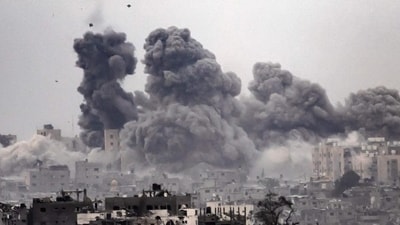 Smoke rising during Israeli bombardment of the Gaza Strip on October 29, 2023. (Fadel Senna/AFP) Smoke rising during Israeli bombardment of the Gaza Strip on October 29, 2023. (Fadel Senna/AFP)