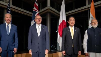 The four Quad leaders at the 2023 summit in Hiroshima: PM Anthony Albanese, PM Narendra Modi, PM Kishida Fumio, President Joe Biden. (Australian government)