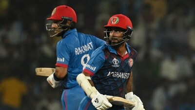Lucknow, India, Nov 03, 2023:: Hashmat Shahidi and Rahmat Shah of Afghanistan runs between the wicket during the ICC Men's Cricket World Cup match between Afghanistan and Netherlands at Atal Vihari Vajpayee Ekana International cricket stadium in Lucknow, Uttar Pradesh India on Friday, Nov 03, 2023. (Photo by Deepak Gupta/Hindustan Times) Lucknow, India, Nov 03, 2023:: Hashmat Shahidi and Rahmat Shah of Afghanistan runs between the wicket during the ICC Men's Cricket World Cup match between Afghanistan and Netherlands at Atal Vihari Vajpayee Ekana International cricket stadium in Lucknow, Uttar Pradesh India on Friday, Nov 03, 2023. (Photo by Deepak Gupta/Hindustan Times)