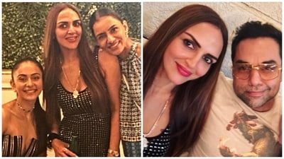 Esha Deol posed with her celebrity guests at the party. Esha Deol posed with her celebrity guests at the party.