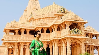 Kangana Ranaut poses outside the Somnath Temple in Gujarat. She was on a Gujarat trip after the release of her film Tejas. She will now be seen as Indira Gandhi in her directorial, The Emergency. Kangana Ranaut poses outside the Somnath Temple in Gujarat. She was on a Gujarat trip after the release of her film Tejas. She will now be seen as Indira Gandhi in her directorial, The Emergency. 