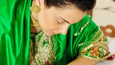 Kangana also shared a close up of her writing Ram in the book named Raam at the Ram temple of Somnath. She also praised the local staff of the temple in the post. Kangana also shared a close up of her writing Ram in the book named Raam at the Ram temple of Somnath. She also praised the local staff of the temple in the post. 