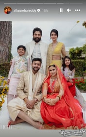 Allu Arjun, Sneha Reddy and kids pose with the newlyweds. Allu Arjun, Sneha Reddy and kids pose with the newlyweds.