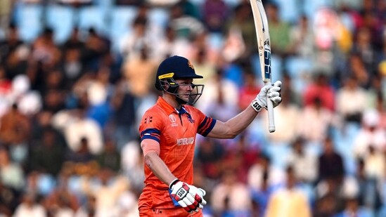 Netherlands' Sybrand Engelbrecht celebrates after scoring a half-century (50 runs) during the 2023 ICC Men's Cricket World Cup one-day international (ODI) match between Netherlands and Afghanistan at the Ekana Cricket Stadium in Lucknow on November 3, 2023. (Photo by Arun SANKAR / AFP) / -- IMAGE RESTRICTED TO EDITORIAL USE - STRICTLY NO COMMERCIAL USE --(AFP)