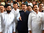 Maharashtra CM Eknath Shinde and Deputy CM Devendra Fadnavis along with other leaders.