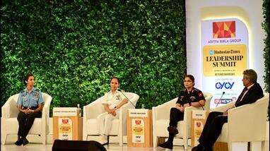 Women officers, Colonel Neha Singh, Group Captain Shaliza Dhami and Lieutenant Commander Annu Prakash during a session at the HT Leadership Summit in New Delhi on Saturday. (HT Photo)