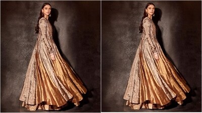 She accessorised her look with traditional Indian jewellery, including a pair of gold statement jhumkas from Silverstreak store and a pair of high heels from Aprajita Toor. (Instagram/@aditiraohydari) She accessorised her look with traditional Indian jewellery, including a pair of gold statement jhumkas from Silverstreak store and a pair of high heels from Aprajita Toor. (Instagram/@aditiraohydari)