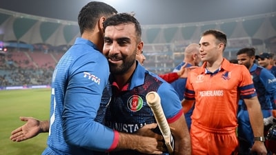 Afghanistan's skipper Hashmatullah Shahidi being congratulated by team members and staff after winning the match against Netherlands in the ICC Men's Cricket World Cup 2023, (Afghanistan Cricket Board Twitte)
