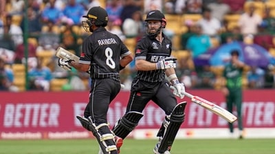 Bengaluru, Nov 04 (ANI): New Zealand's captain Kane Williamson and Rachin Ravindra run between the wickets during the match against Pakistan in the ICC Men's Cricket World Cup 2023, at M.Chinnaswamy Stadium in Bengaluru on Saturday. (ANI Photo)
(ANI) Bengaluru, Nov 04 (ANI): New Zealand's captain Kane Williamson and Rachin Ravindra run between the wickets during the match against Pakistan in the ICC Men's Cricket World Cup 2023, at M.Chinnaswamy Stadium in Bengaluru on Saturday. (ANI Photo)
(ANI)