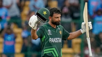 Pakistan's Fakhar Zaman celebrates his half-century during the match against New Zealand in the ICC Men's Cricket World Cup 2023, at M.Chinnaswamy Stadium in Bengaluru on Saturday (ANI) Pakistan's Fakhar Zaman celebrates his half-century during the match against New Zealand in the ICC Men's Cricket World Cup 2023, at M.Chinnaswamy Stadium in Bengaluru on Saturday (ANI)