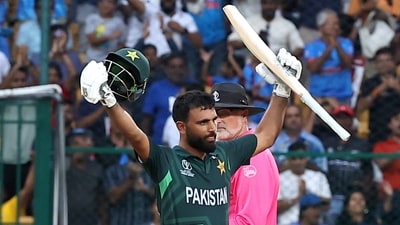 Pakistan's Fakhar Zaman celebrates his century during the match against New Zealand in the ICC Men's Cricket World Cup 2023, at M.Chinnaswamy Stadium in Bengaluru on Saturday. (Seshadri Sukumar) Pakistan's Fakhar Zaman celebrates his century during the match against New Zealand in the ICC Men's Cricket World Cup 2023, at M.Chinnaswamy Stadium in Bengaluru on Saturday. (Seshadri Sukumar)