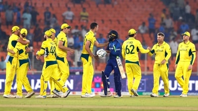 England's Adil Rashid greets Australia's players after the match in the ICC Men's Cricket World Cup 2023, at Narendra Modi Stadium, in Ahmedabad on Saturday. Australia won by 33 runs. (ANI) England's Adil Rashid greets Australia's players after the match in the ICC Men's Cricket World Cup 2023, at Narendra Modi Stadium, in Ahmedabad on Saturday. Australia won by 33 runs. (ANI)