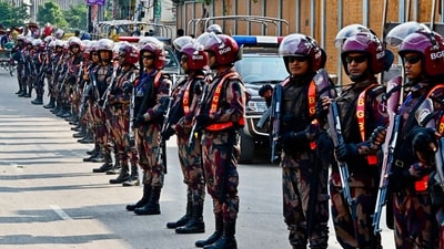 Border Guard Bangladesh (BGB) personnel stand guard during a nationwide strike called by Bangladesh Nationalist Party and Jamaat-e-Islami in Dhaka on October 29. (AFP)
