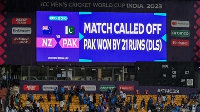 A big screen is pictured at the end of the 2023 ICC Men's Cricket World Cup one-day international (ODI) match between New Zealand and Pakistan at the M. Chinnaswamy Stadium in Bengaluru on November 4, 2023. Fakhar Zaman and captain Babar Azam starred as Pakistan pulled off a dramatic, rain-hit 21-run victory over New Zealand to stay alive at the Cricket World Cup on November 4. (Photo by Sajjad HUSSAIN / AFP) / -- IMAGE RESTRICTED TO EDITORIAL USE - STRICTLY NO COMMERCIAL USE -- (AFP) A big screen is pictured at the end of the 2023 ICC Men's Cricket World Cup one-day international (ODI) match between New Zealand and Pakistan at the M. Chinnaswamy Stadium in Bengaluru on November 4, 2023. Fakhar Zaman and captain Babar Azam starred as Pakistan pulled off a dramatic, rain-hit 21-run victory over New Zealand to stay alive at the Cricket World Cup on November 4. (Photo by Sajjad HUSSAIN / AFP) / -- IMAGE RESTRICTED TO EDITORIAL USE - STRICTLY NO COMMERCIAL USE -- (AFP)