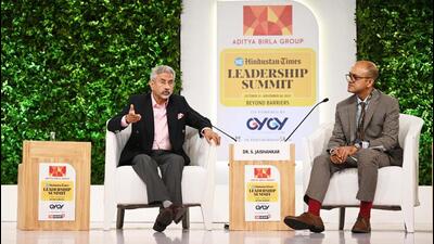 External affairs minister S Jaishankar in conversation with HT editor-in-chief R Sukumar at the Hindustan Times Leadership Summit in New Delhi on Saturday. (HT Photo)