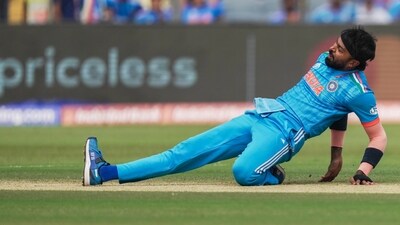 India's Hardik Pandya attempts to stop the ball during the ICC Men's Cricket World Cup 2023 match between India and Bangladesh (PTI) India's Hardik Pandya attempts to stop the ball during the ICC Men's Cricket World Cup 2023 match between India and Bangladesh (PTI)