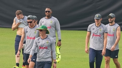 South African cricketers during a practice session ahead of the ICC Men's Cricket World Cup 2023 match against India. (PTI) South African cricketers during a practice session ahead of the ICC Men's Cricket World Cup 2023 match against India. (PTI)