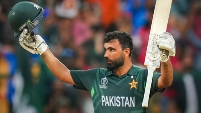 Bengaluru: Pakistan's batter Fakhar Zaman celebrates his century during the ICC Men's Cricket World Cup match between New Zealand and Pakistan, at M. Chinnaswamy Stadium in Bengaluru, Saturday, Nov 4, 2023. (PTI Photo/Shailendra Bhojak)(PTI11_04_2023_000388B) (PTI) Bengaluru: Pakistan's batter Fakhar Zaman celebrates his century during the ICC Men's Cricket World Cup match between New Zealand and Pakistan, at M. Chinnaswamy Stadium in Bengaluru, Saturday, Nov 4, 2023. (PTI Photo/Shailendra Bhojak)(PTI11_04_2023_000388B) (PTI)