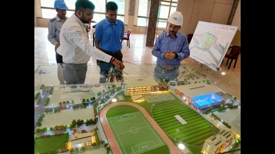 Pullela Gopichand inspecting the progress of the stadium (HT Photo) Pullela Gopichand inspecting the progress of the stadium (HT Photo)