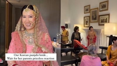 The image shows a Korean woman dressed in a beautiful traditional Indian dress for her wedding. ( Instagram/@muskanmanhas_hairstylist) The image shows a Korean woman dressed in a beautiful traditional Indian dress for her wedding. ( Instagram/@muskanmanhas_hairstylist)