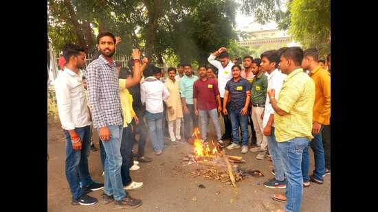 ABVP representatives underscored their deep concern regarding the incident of molestation involving a female IIT BHU student (HT Photo)