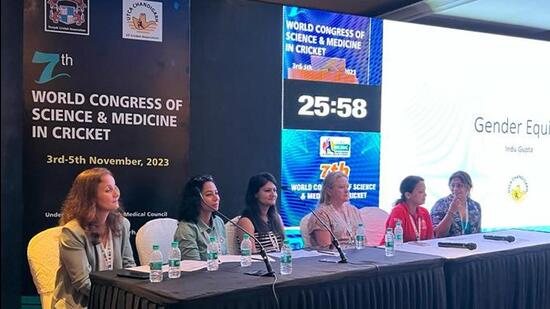 Experts during a session at the 7th World Congress on Science and Medicine in Cricket in Chandigarh. (HT Photo)