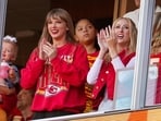 Oct 22, 2023; Kansas City, Missouri, USA; Recording artist Taylor Swift and Brittany Mahomes cheer during the second half between the Los Angeles Chargers and the Kansas City Chiefs at GEHA Field at Arrowhead Stadium. Mandatory Credit: Jay Biggerstaff-USA TODAY Sports