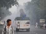 An anti smog gun sprinkling water to settle down dust particles amid rise in Pollution levels at Rajghat in New Delhi. (Photo by Sanchit Khanna/ Hindustan Times)